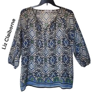 Liz Claiborne Women's Patterned Blouse - Blue and Green Sheer Size L